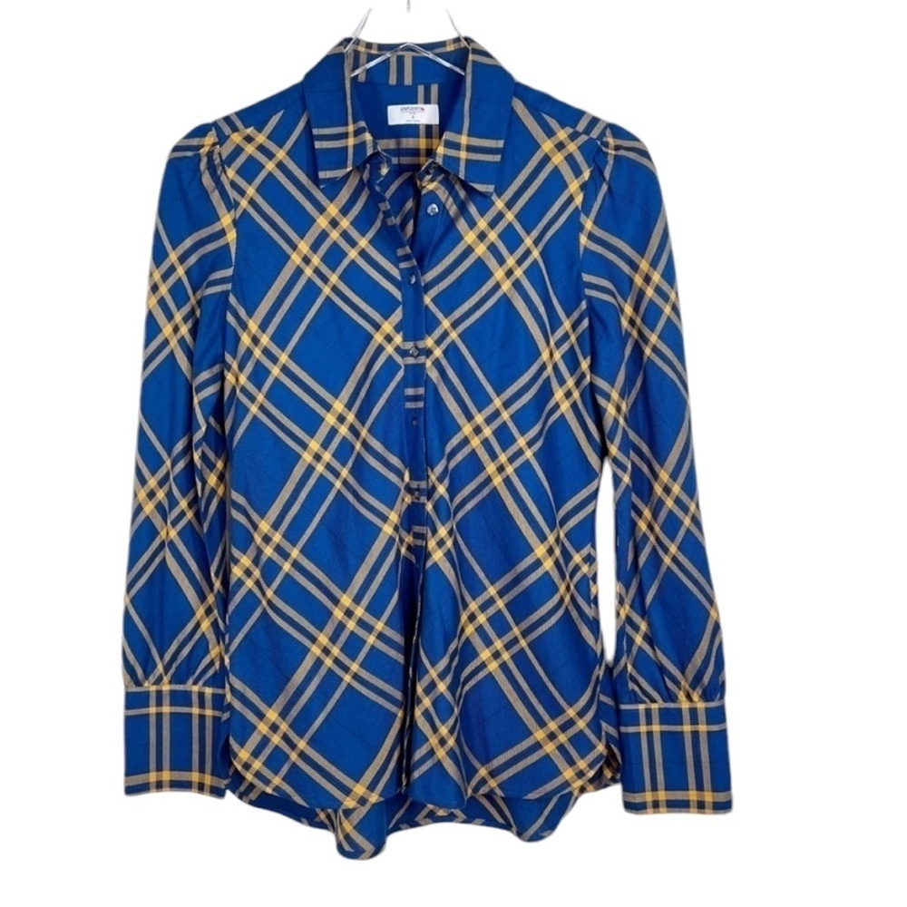 UNTUCKIT Carla Plaid Blue Yellow Plaid Button Down Shirt